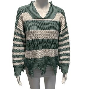 After‎ You Green White Striped Knit Distressed Hem Sweater Size M